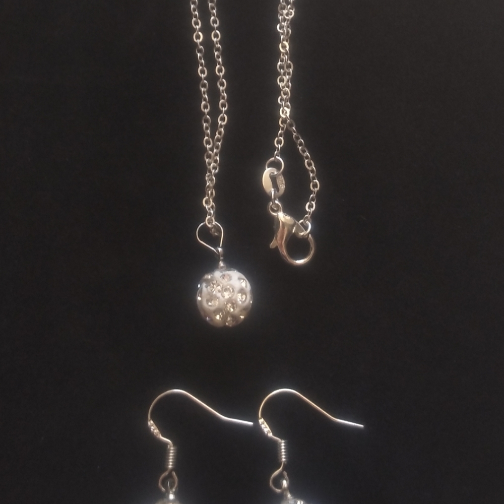 Beautiful Sterling silver glitter disco ball necklace & earrings set NWOT